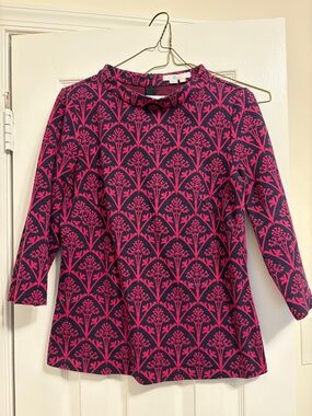 Boden Pink and Navy Floral-Geometric Knit Top